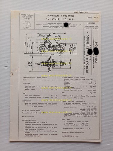 Peripoli Gulietta 50 Mini Oxford G9 1976 scheda omologazione DGM …
