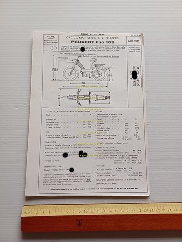 Peugeot 50 103 1972 scheda omologazione DGM Facsimile originale