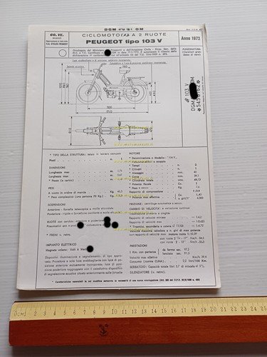 Peugeot 50 103 V 1972 scheda omologazione DGM Facsimile originale