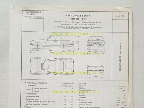 Peugeot 504 B31 Cabrio 1974 Scheda facsimile omologazione DGM originale