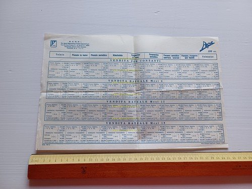 Piaggio Ape 150 listino versioni 1954-55 depliant italiano originale