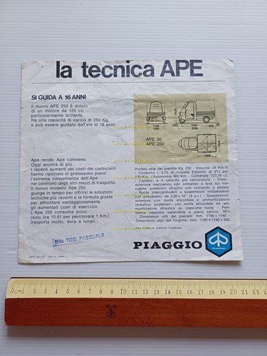 Piaggio Ape 250 1970 depliant italiano originale motocarro 3 wheeler