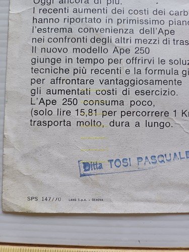 Piaggio Ape 250 1970 depliant italiano originale motocarro 3 wheeler