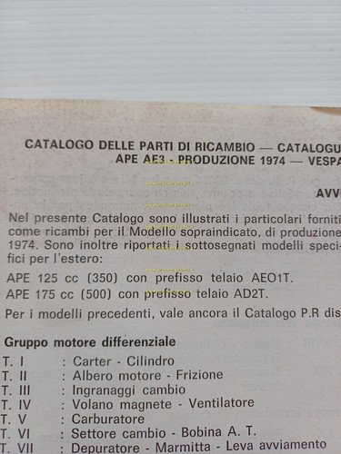 Piaggio Ape 400 - Vespa Commercial 1974 catalogo ricambi originale