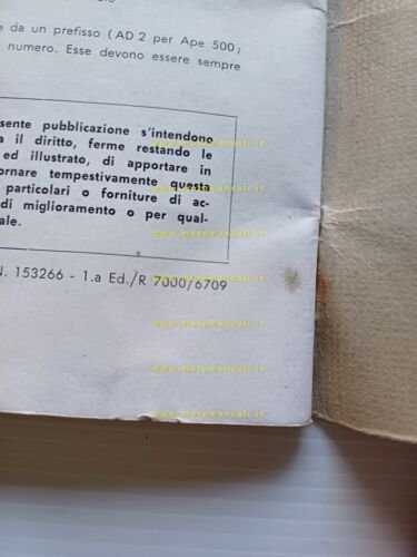 Piaggio Ape 500 400 350 1967 manuale uso manutenzione libretto …