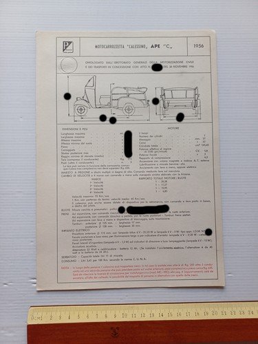 Piaggio Ape AC Calessino 1956 scheda omologazione DGM Facsimile originale