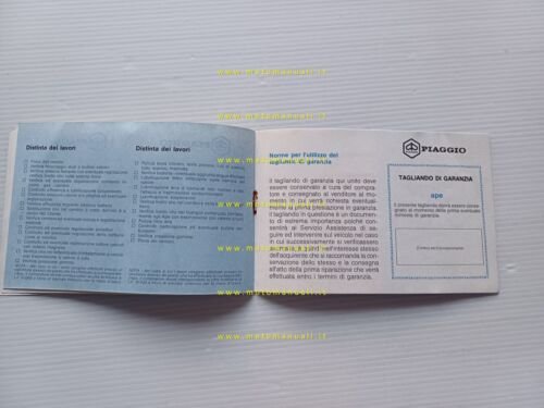 Piaggio Ape anni '90 libretto tessera garanzia originale warranty booklet