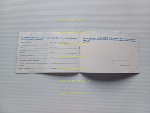 Piaggio Ape anni '90 libretto tessera garanzia originale warranty booklet