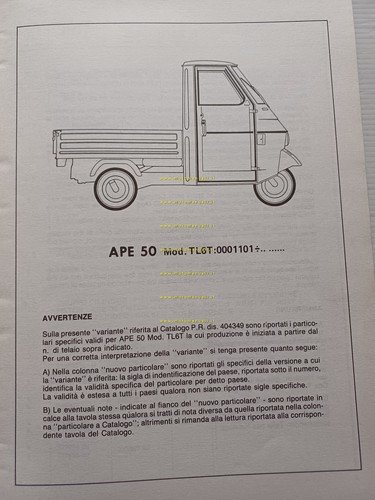 Piaggio Ape P 50 TL6T 1991 VARIANTI catalogo ricambi originale