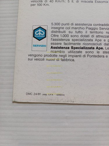 Piaggio APE P 501 1981 depliant originale italiano