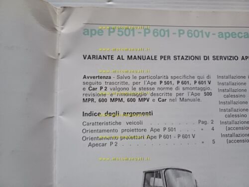 Piaggio Ape P501 P601 Apecar P2 1981 AGGIORNAMENTO-VARIANTI manuale officina