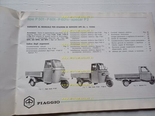 Piaggio Ape P501 P601 Apecar P2 1981 AGGIORNAMENTO-VARIANTI manuale officina