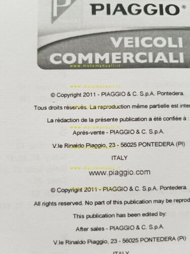 Piaggio APE TM - TM Diesel 2011 manuale uso manutenzione …
