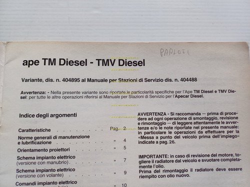 Piaggio APE TM DIESEL 1987 motocarro VARIANTI manuale officina Apecar …