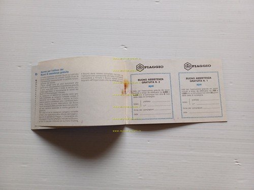Piaggio Ape tutti modelli libretto tessera garanzia anni '80 originale