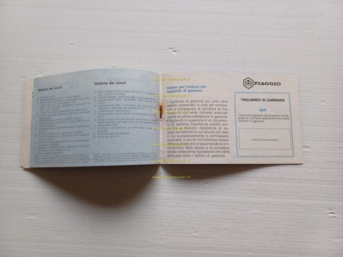 Piaggio Ape tutti modelli libretto tessera garanzia anni '80 originale
