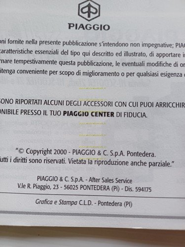 Piaggio Vespa ET4 50 2000 manuale uso manutenzione italiano originale