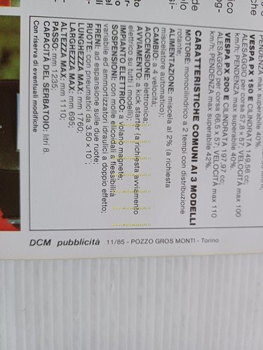 Piaggio Vespa PX 125 - 150 -200 Arcobaleno 1985 depliant …