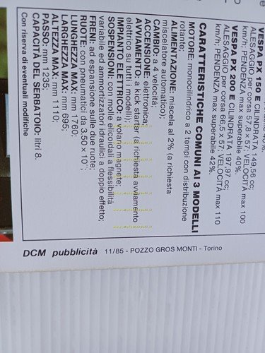 Piaggio Vespa PX 125 - 150 -200 Arcobaleno 1985 depliant …