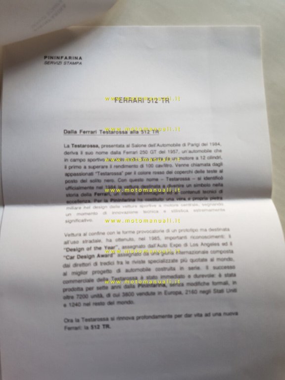 Pininfarina Ferrari 512 TR Cadillac Allantè 1993 cartella stampa salone …