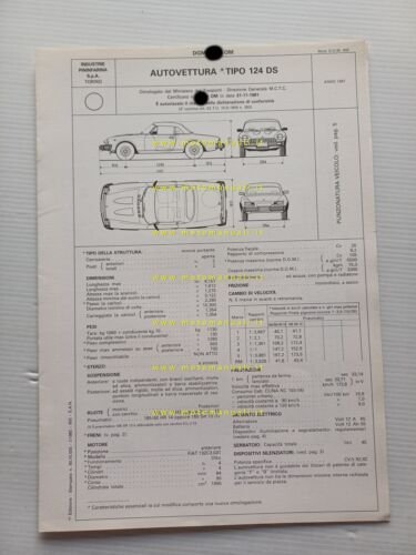 Pininfarina Fiat 124 SpiderEuropa 1981 scheda omologazione DGM Motor. Facsimile