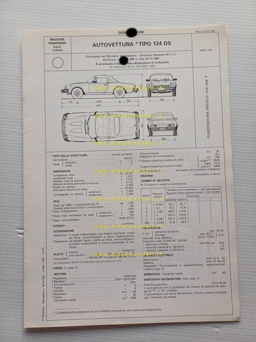 Pininfarina Fiat 124 SpiderEuropa 1981 scheda omologazione DGM Motor. Facsimile