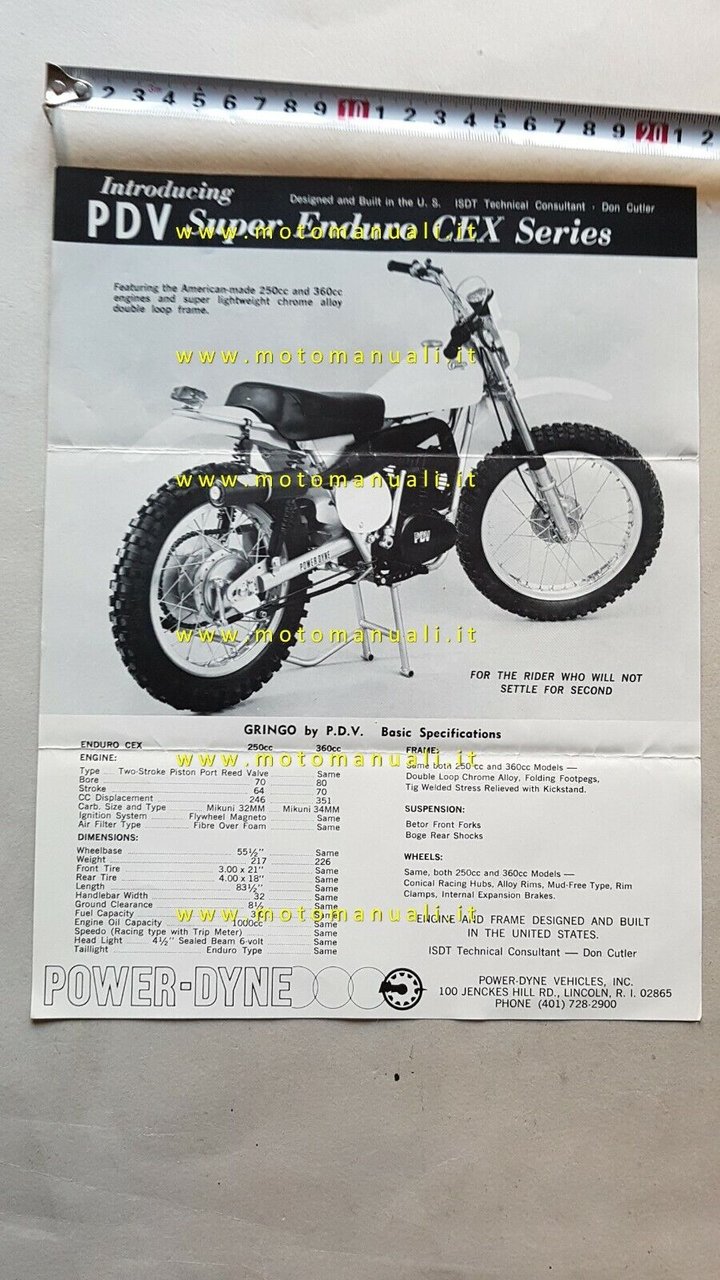 Power-Dyne Vehicles Gringo 250-360 Enduro 1975 depliant originale brochure