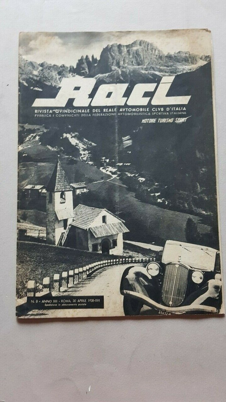 R.A.C.I. rivista anteguerra REAL AUTOMOBIL CLUB ITALIANO fascicolo n.8 1938