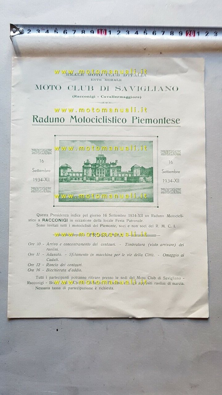 Raduno Motociclistico Racconigi 1934 programma depliant anteguerra brochure