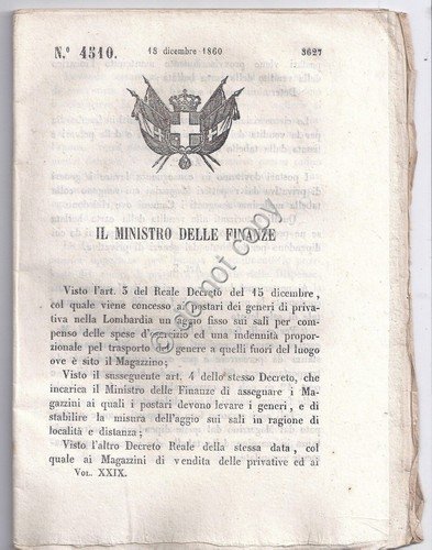 Reale Decreto 1860 ministero finanze magazzini di vendita sali tabacchi … | Immagine principale