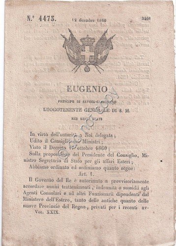 Regio Decreto 1860 Eugenio Agenti Consolari e Funzionari Ministero Esteri …