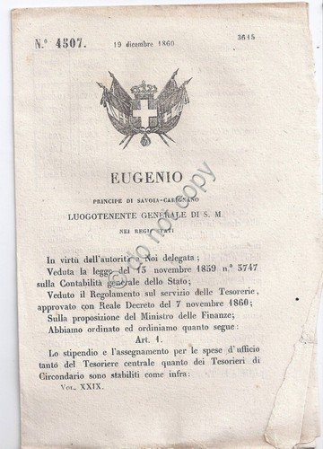 Regio Decreto 1860 Eugenio assegnamento spese d'ufficio al Tesoriere n.4507 | Immagine principale