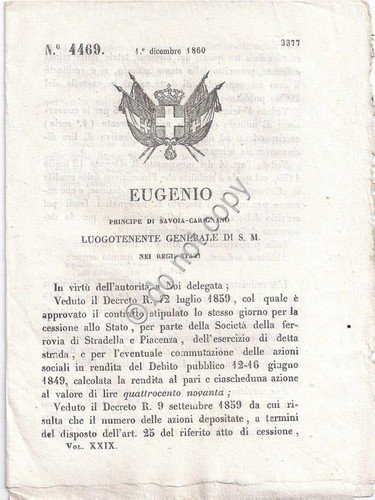 Regio Decreto 1860 Eugenio azioni ferrovia Stradella e Piacenza n. …