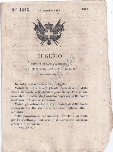 Regio Decreto 1860 Eugenio Banca Nazionale succursali Bergamo Brescia Como … | Immagine principale