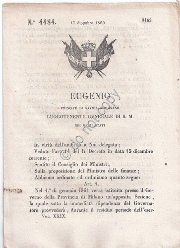 Regio Decreto 1860 Eugenio Bilancio speciale in Lombardia n.4484 | Immagine principale