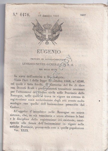 Regio Decreto 1860 Eugenio Codice Civile nelle provincie Romagna 4478 | Immagine principale