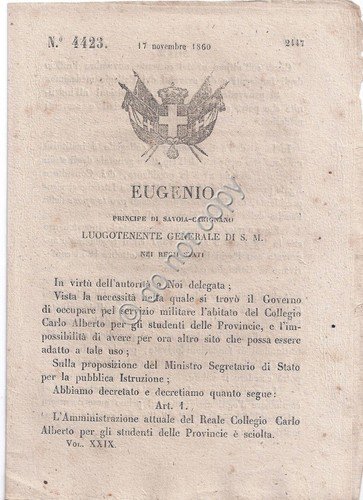Regio Decreto 1860 Eugenio Collegio Carlo Alberto Torino 4423