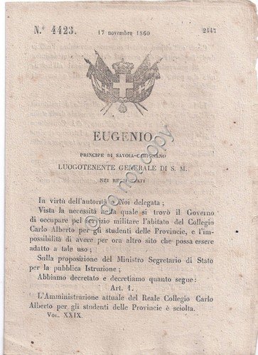Regio Decreto 1860 Eugenio Collegio Carlo Alberto Torino 4423 | Immagine principale