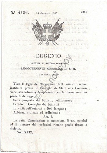 Regio Decreto 1860 Eugenio Commissione Straordinaria Consiglio di Stato n.4486 | Immagine principale