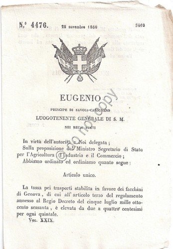 Regio Decreto 1860 Eugenio Facchini di Genova tassa trasporti n.4476 | Immagine principale