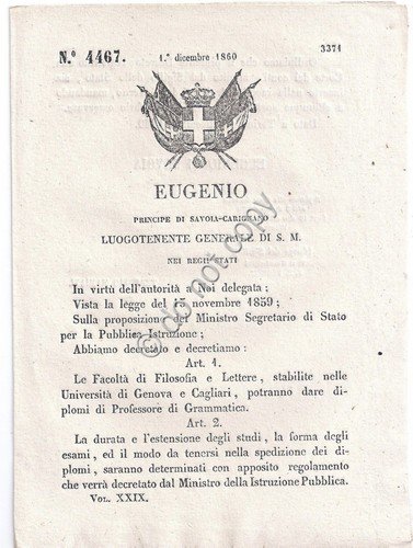 Regio Decreto 1860 Eugenio Facoltà Filosofia Università Cagliari e Genova … | Immagine principale