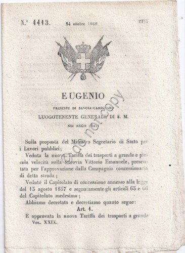 Regio Decreto 1860 Eugenio Ferrovia Vittorio Emanuele nuove tariffe 4413 | Immagine principale