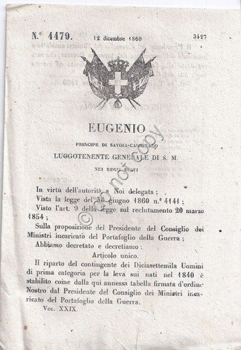 Regio Decreto 1860 Eugenio Leva per nati nel 1840 n.4479