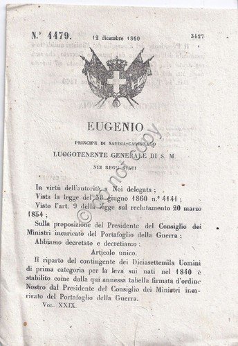 Regio Decreto 1860 Eugenio Leva per nati nel 1840 n.4479