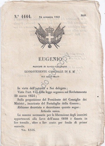 Regio Decreto 1860 Eugenio liberazione iscritti Leva 1840 n.4444 | Immagine principale