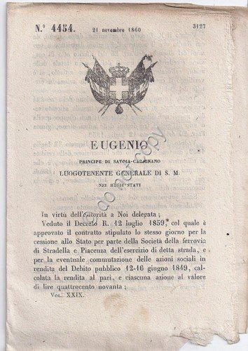 Regio Decreto 1860 Eugenio Liquidazione azioni ferrovia Stradella Piacenza 4454 | Immagine principale