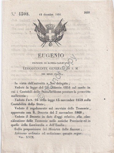 Regio Decreto 1860 Eugenio Malleverie Tesoreria Lombardia e Emilia n.4508 | Immagine principale