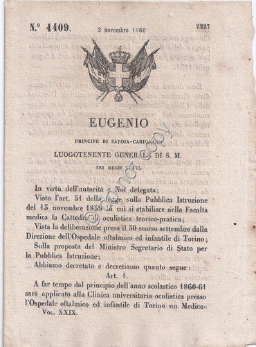 Regio Decreto 1860 Eugenio Ospedale Oftalmico di Torino 4409 | Immagine principale