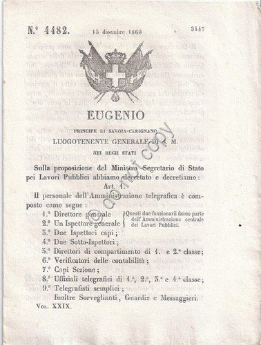 Regio Decreto 1860 Eugenio personale Amministrazione telegrafica n.4482 | Immagine principale