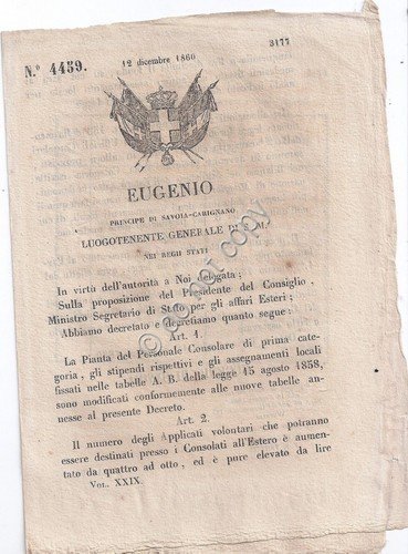 Regio Decreto 1860 Eugenio Pianta del personale Consolare con tabella …